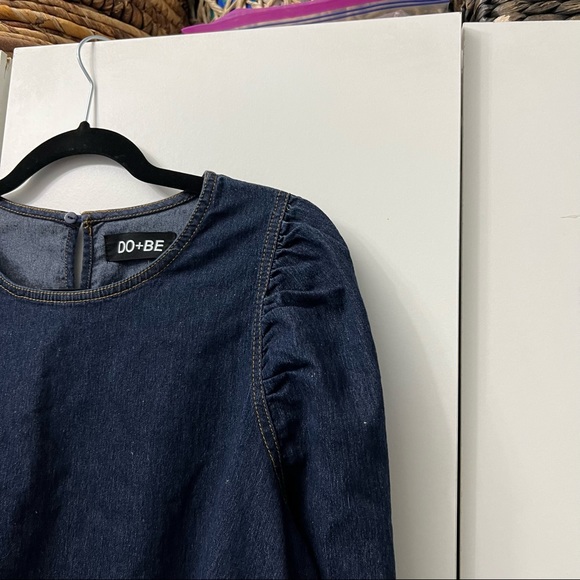 Dark Wash Denim Puff-Sleeve Long Belted Contrast Stitching Shirt Top Blouse Sz M - Picture 2 of 14